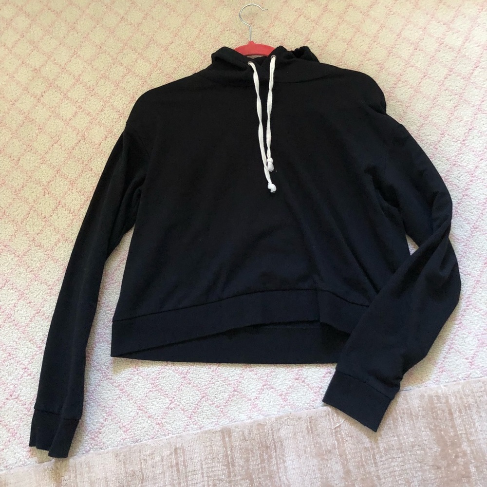 Plain Black Hoodie with White Strings Light Crop